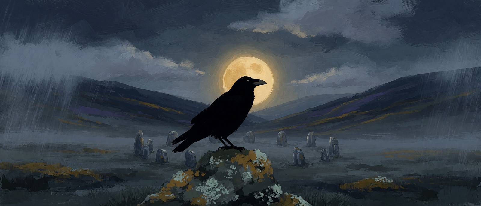 A raven on a lichen-covered stone before a gold moon, standing stones on a misty moor in the rain.